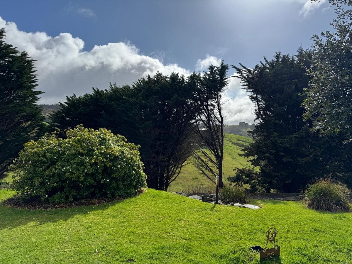 Landscaped garden with established trees and hedging in the Otways