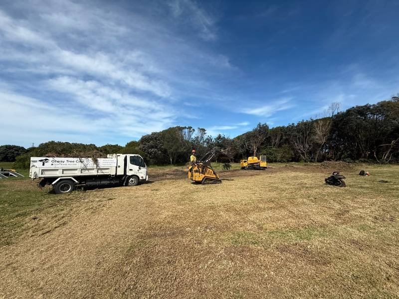 Freshly cleared ground at the edge of an airfield, with the truck and machines in the distance