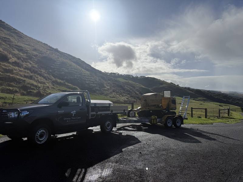 Otway Tree Care ute towing the stump grinder on a coastal road beneath grassy hills
